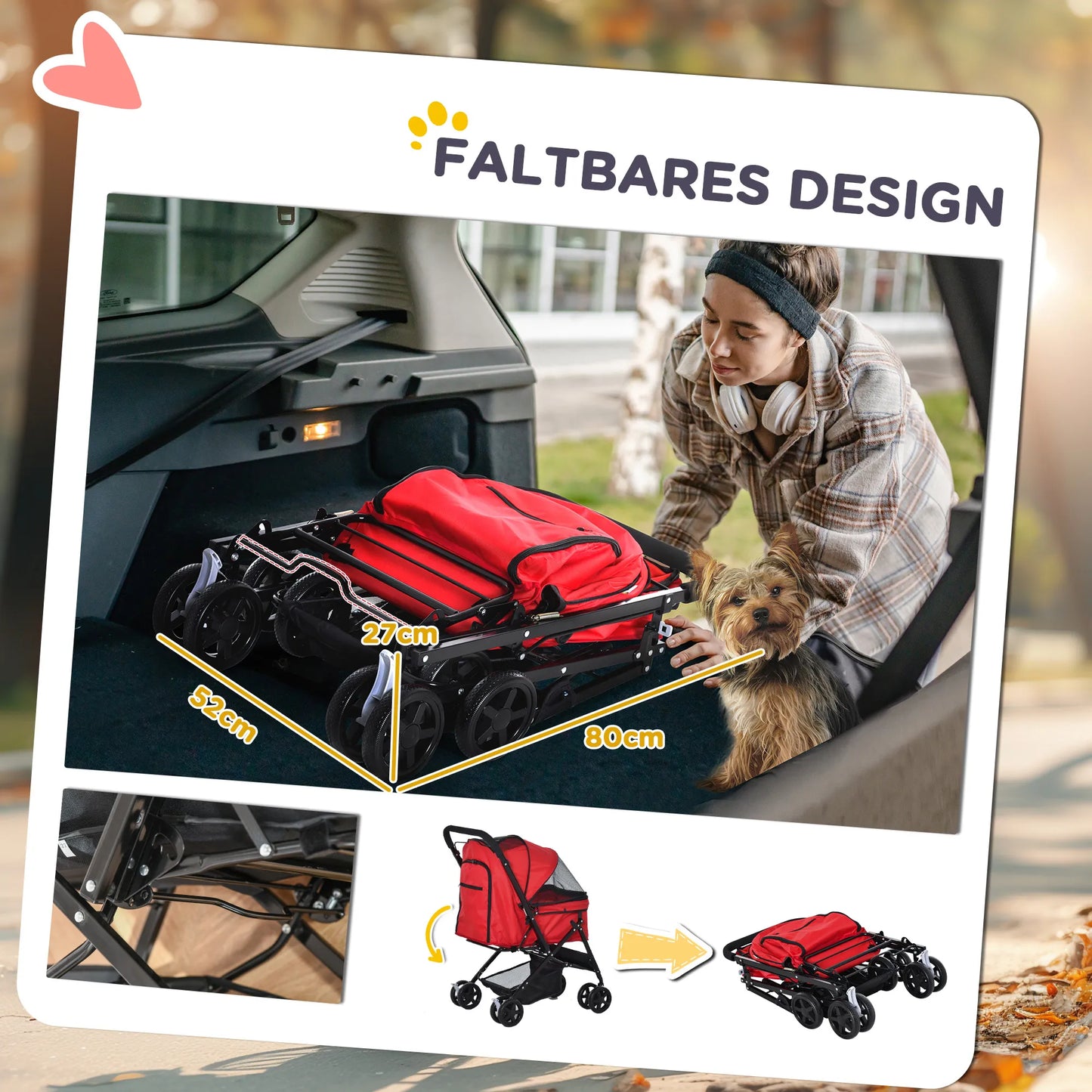 Šunų vežimėlis iki 10 kg, sulankstomas, su reguliuojamu stogeliu, „Oxford“ raudonos spalvos, 76,5 x 52 x 95 cm