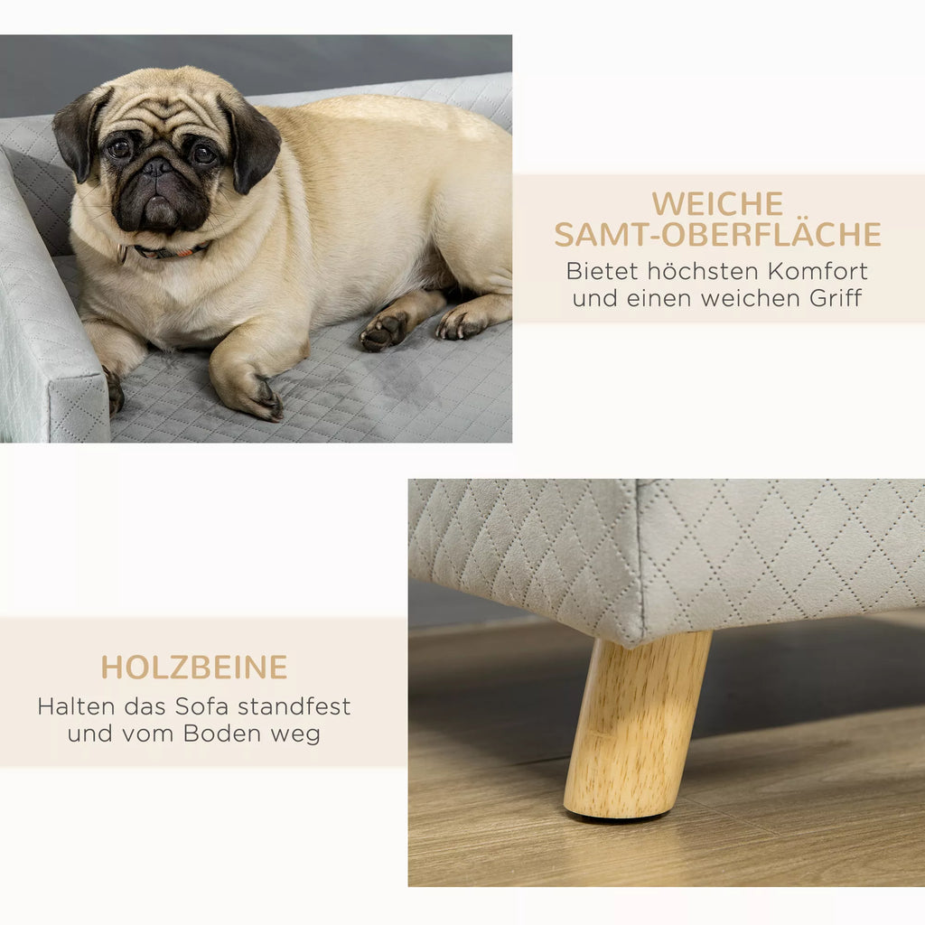 Šunų sofa su medinėmis kojelėmis, šunų lova, naminių gyvūnėlių sofa, šunų kilimėlis mažam šuniui iki 8 kg, aksominio lietimo, pilka, 64 x 45 x 36 cm
