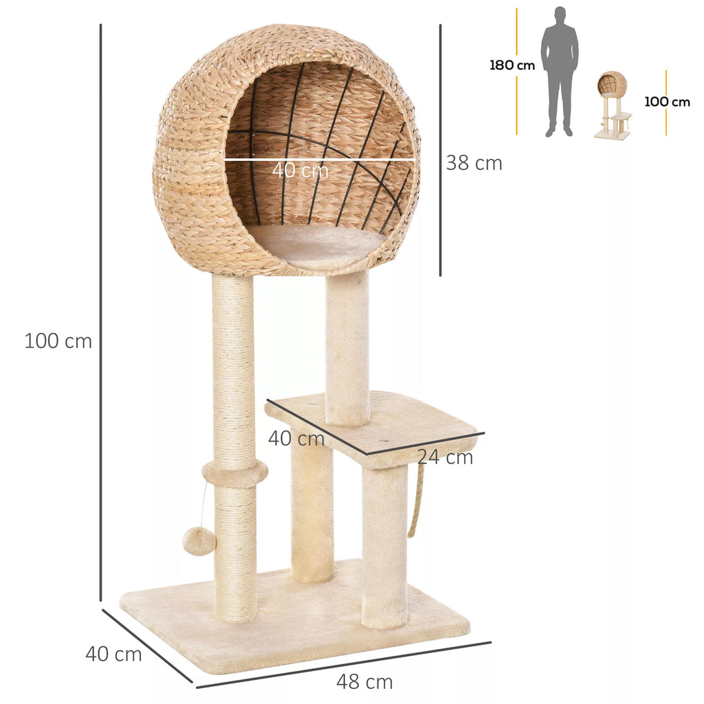 Kaķu māja 100 cm, kaķu tornis ar alu, rotaļu bumba, sizala stabi, platforma, daudzstāvu kaķu skrāpēšanas koks, kāpšanas koks, vidēja lieluma kaķiem, bēša