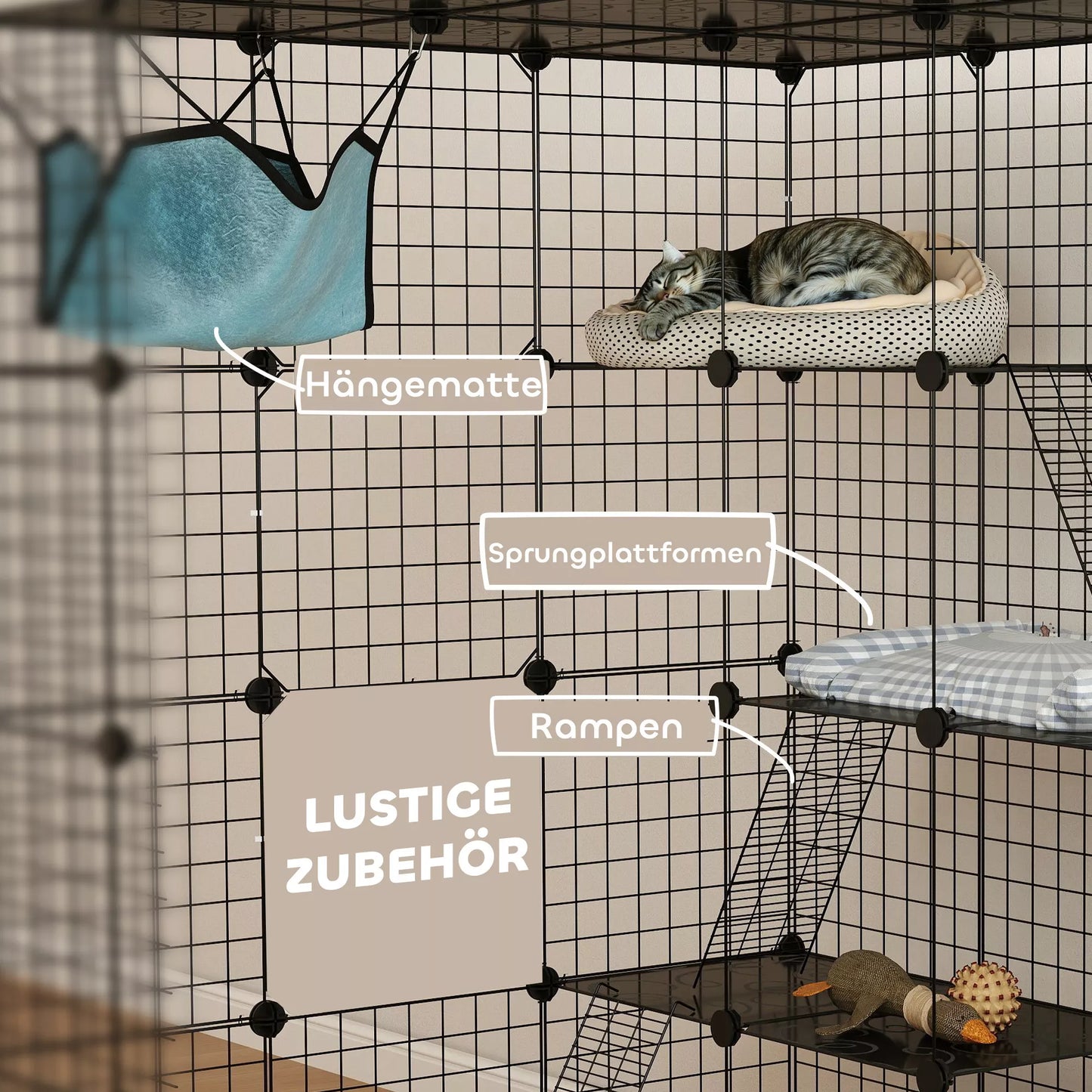 Katės narvas viduje, 4 aukštų, „PASIDARYK pats“ kačių aptvaras su tankiu metalo tinkleliu, hamaku, rampos, durimis ir šokinėjimo platformomis