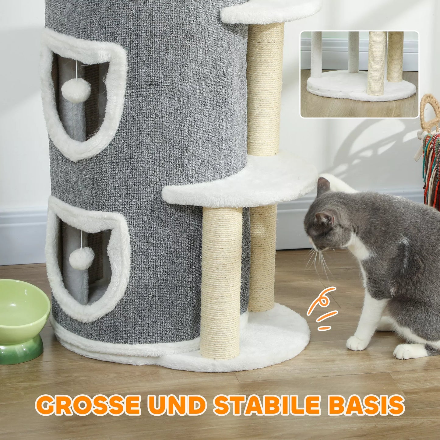101 cm kačių bokštas, 3 lygiai, 3 miegamosios olos, žaisliniai kamuoliukai, draskyklė, sizalis, medžio drožlių plokštė, pilka