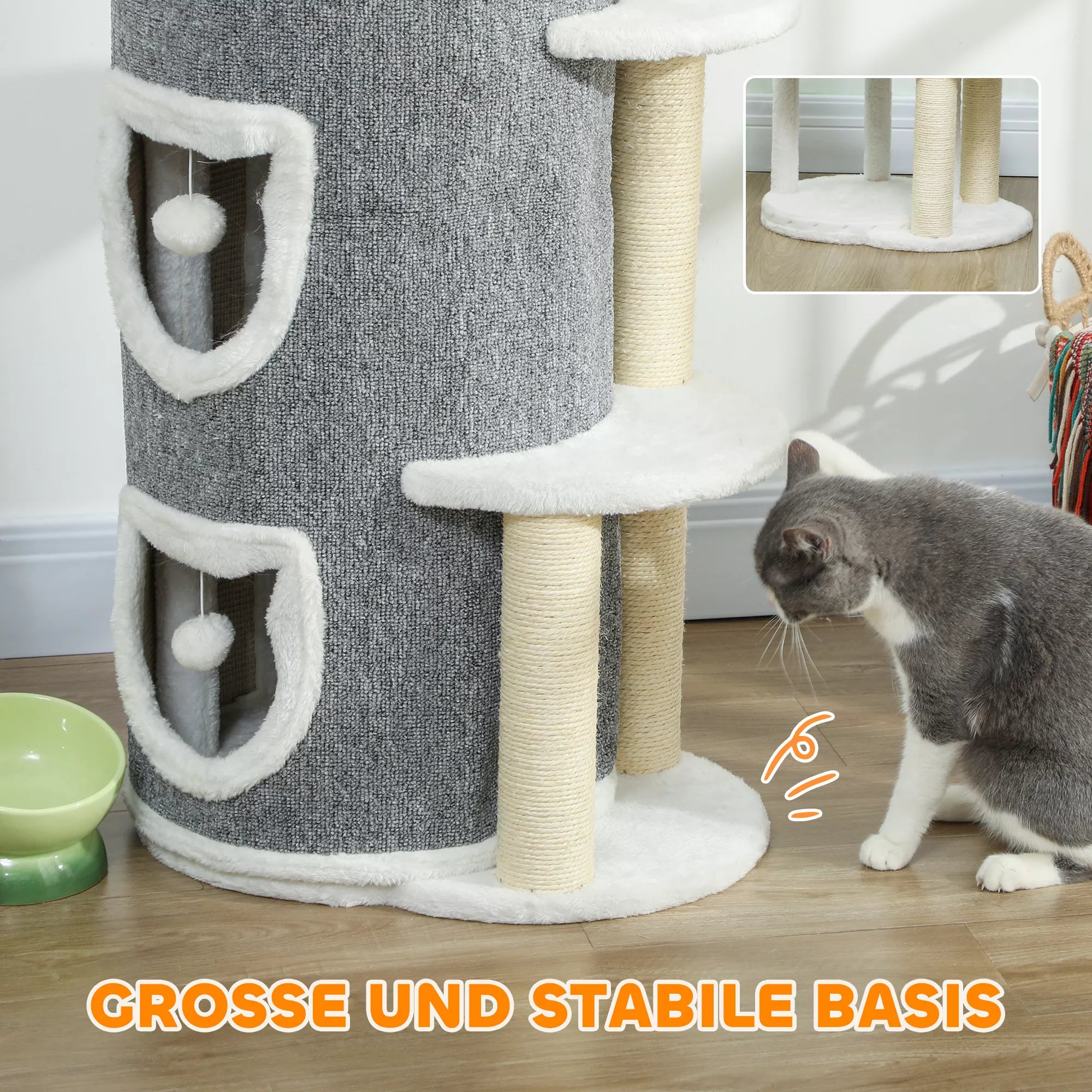 101 cm kačių bokštas, 3 lygiai, 3 miegamosios olos, žaisliniai kamuoliukai, draskyklė, sizalis, medžio drožlių plokštė, pilka