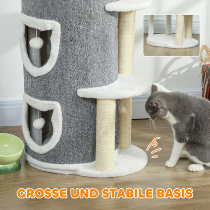 101 cm kačių bokštas, 3 lygiai, 3 miegamosios olos, žaisliniai kamuoliukai, draskyklė, sizalis, medžio drožlių plokštė, pilka