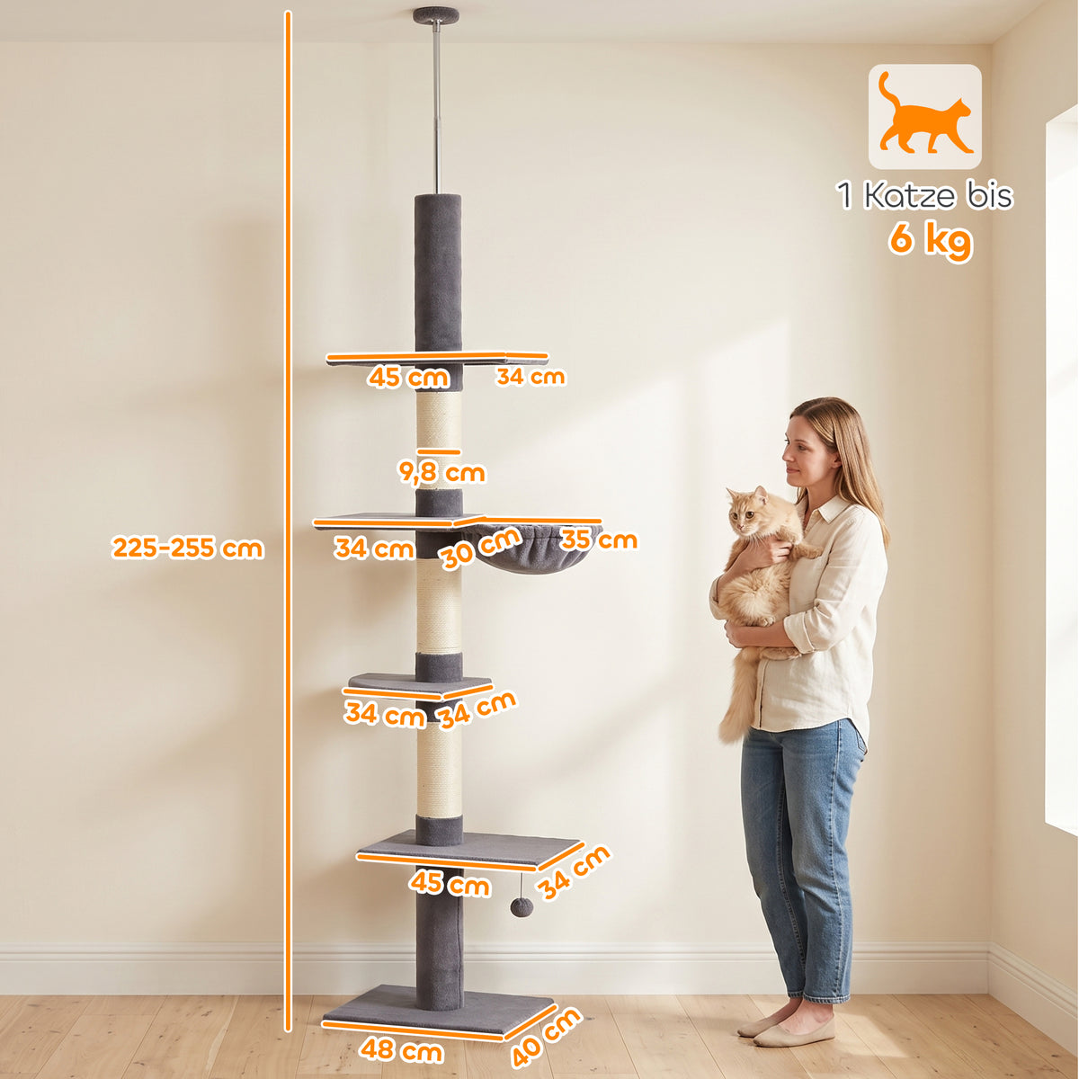 Draskyklė iki lubų 225–255 cm, 5 lygių, su 3 sizalio stulpais ir hamaku, katei iki 6 kg, tamsiai pilka