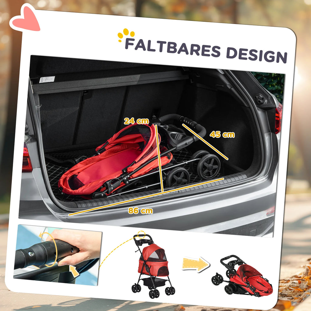 Salokāmi suņu ratiņi līdz 4 kg, ar sieta logu, apakšējo grozu, krūzīšu turētāju, noņemamu jumtiņu, sarkani, 67 x 45 x 96 cm