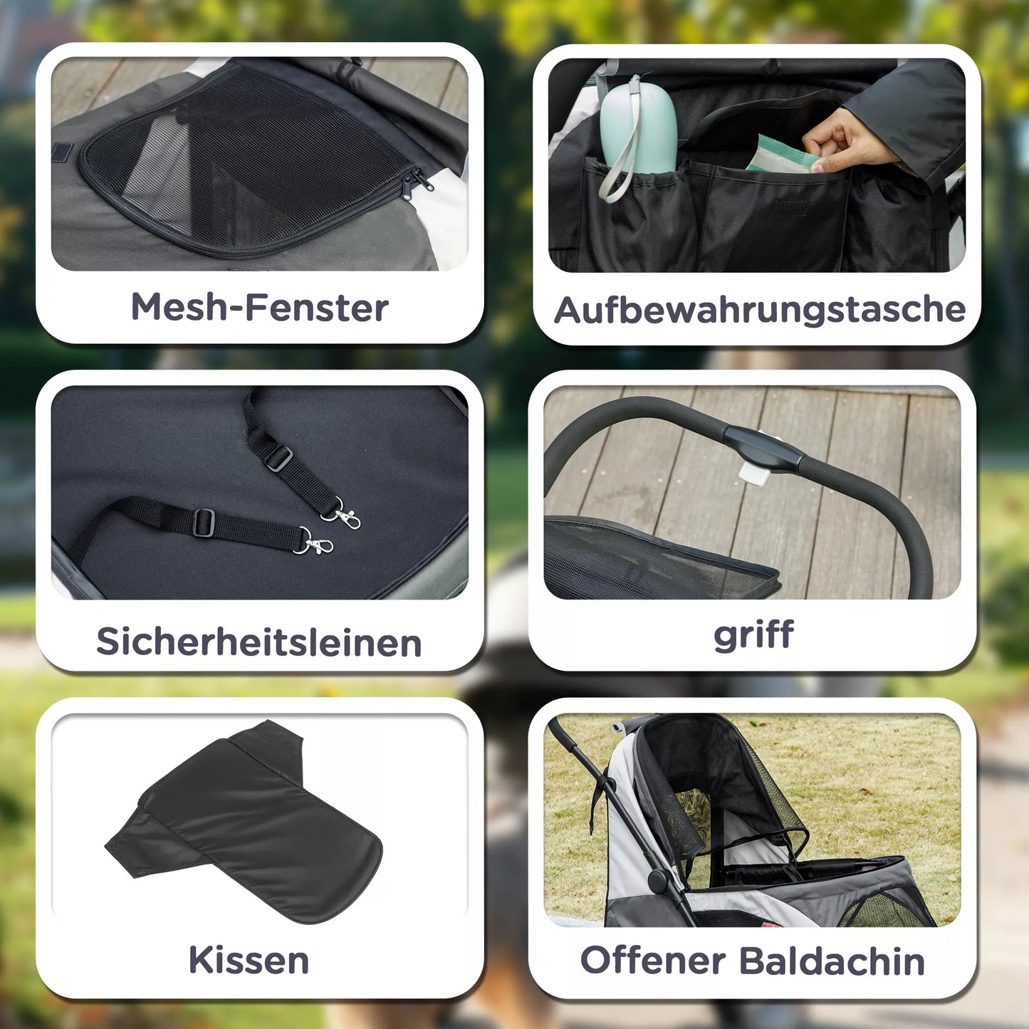 Suņu ratiņi, salokāmi ratiņi lieliem suņiem, 4 riteņu mājdzīvnieku ratiņi, drošības siksnas, bremzes, tumši pelēki