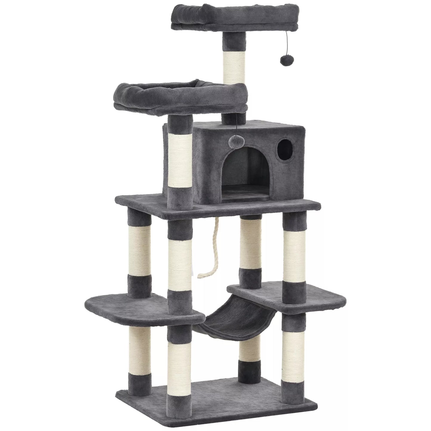 Prabangus katės medis su hamaku ir nameliu, tamsiai pilkas, 60 x 48 x 144 cm