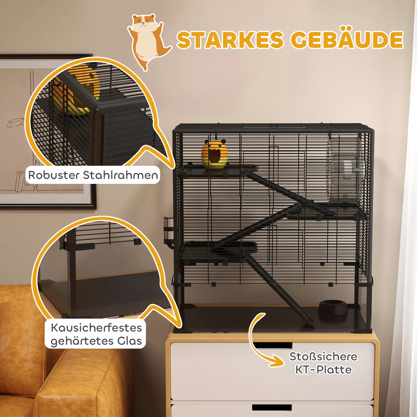 Kāmju būris ar stikla dibenu, 4 līmeņu kāmju voljērs ar mājiņu un aksesuāriem, 78,5 cm garums x 48,5 cm platums x 80 cm augstums, melns