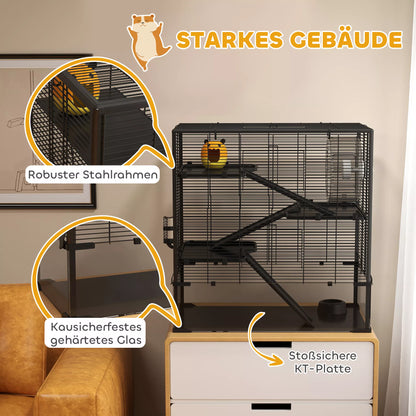 Kāmju būris ar stikla dibenu, 4 līmeņu kāmju voljērs ar mājiņu un aksesuāriem, 78,5 cm garums x 48,5 cm platums x 80 cm augstums, melns