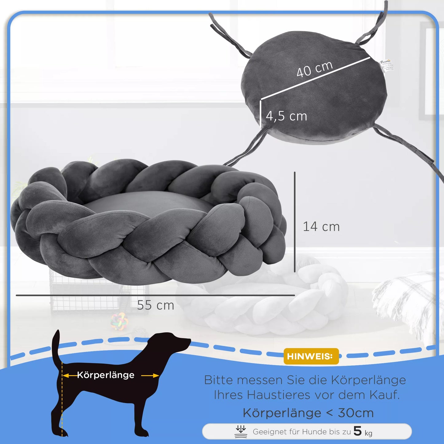 Mājdzīvnieku gulta ar spilvenu, kaķu gulta, suņu gulta, mazgājama, 55 cm x 55 cm x 14 cm, pelēka