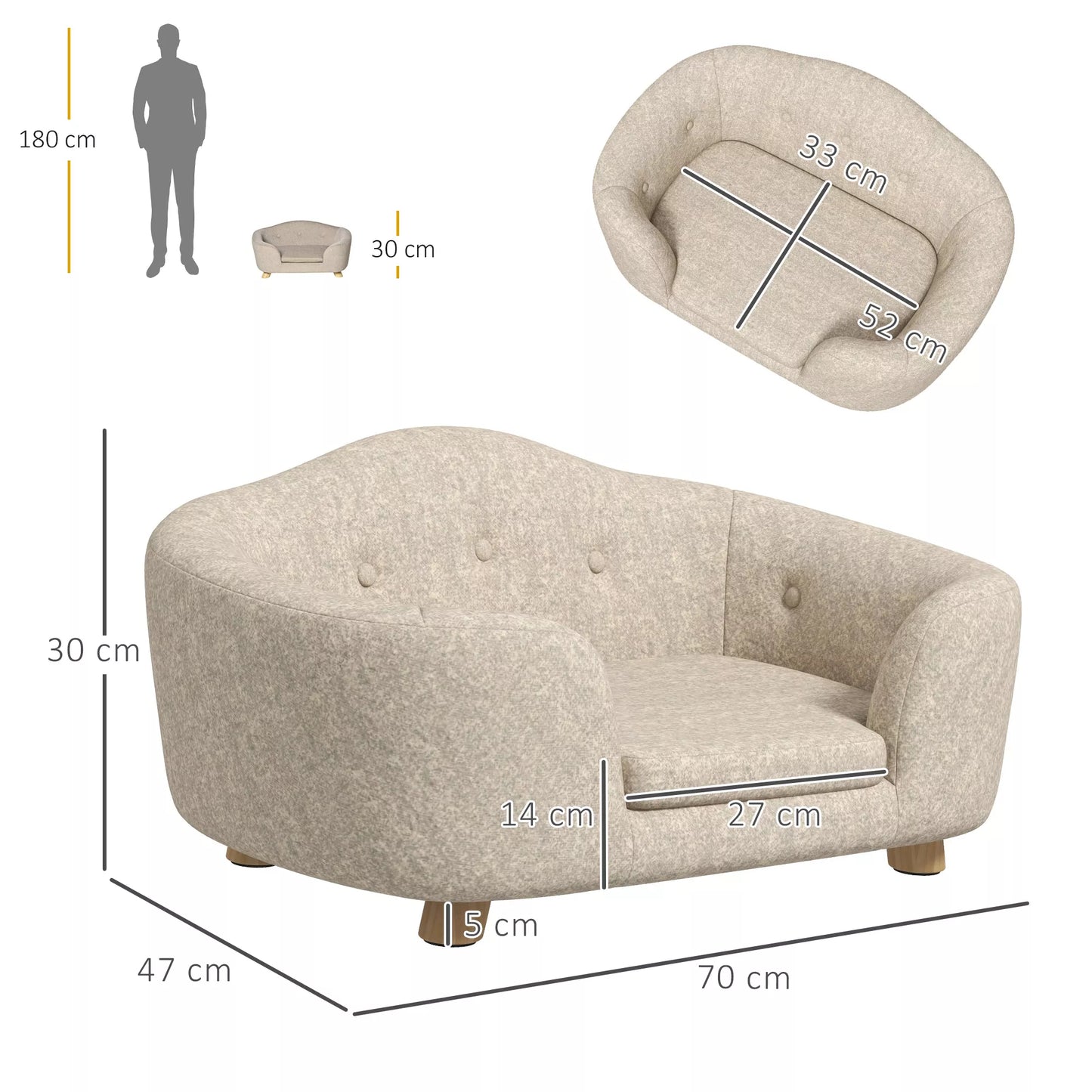 Sofa naminiams gyvūnėliams, šunų kilimėlis, šunų lova, šunų sofa, šunų kušetė, katės sofa su pagalvėle, kišenė gale, pliušas, putos, pušies mediena, kreminė balta, 70 x 47 x 30 cm