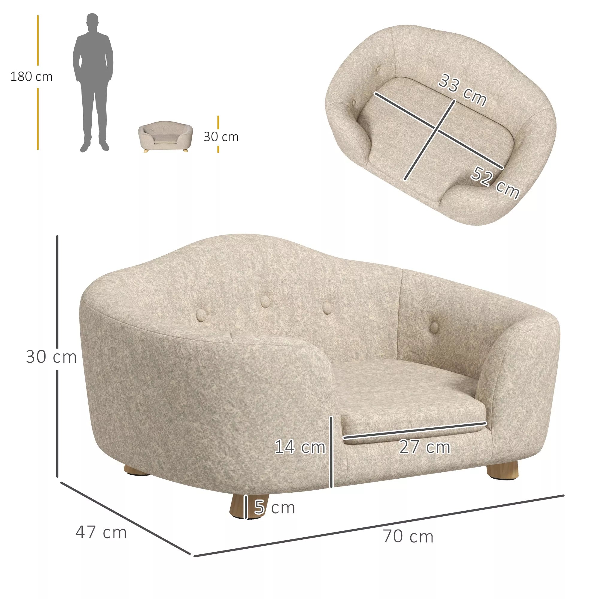 Sofa naminiams gyvūnėliams, šunų kilimėlis, šunų lova, šunų sofa, šunų kušetė, katės sofa su pagalvėle, kišenė gale, pliušas, putos, pušies mediena, kreminė balta, 70 x 47 x 30 cm