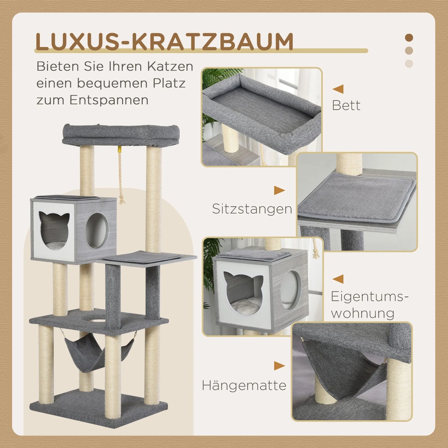 Didelis 155 cm aukščio kačių medis su hamaku Kačių medis su kopėčiomis Daugiapakopis kačių medis su kačių dėže, minkštu pagalvėliu Kačių baldai Sizalis Pilka ir balta