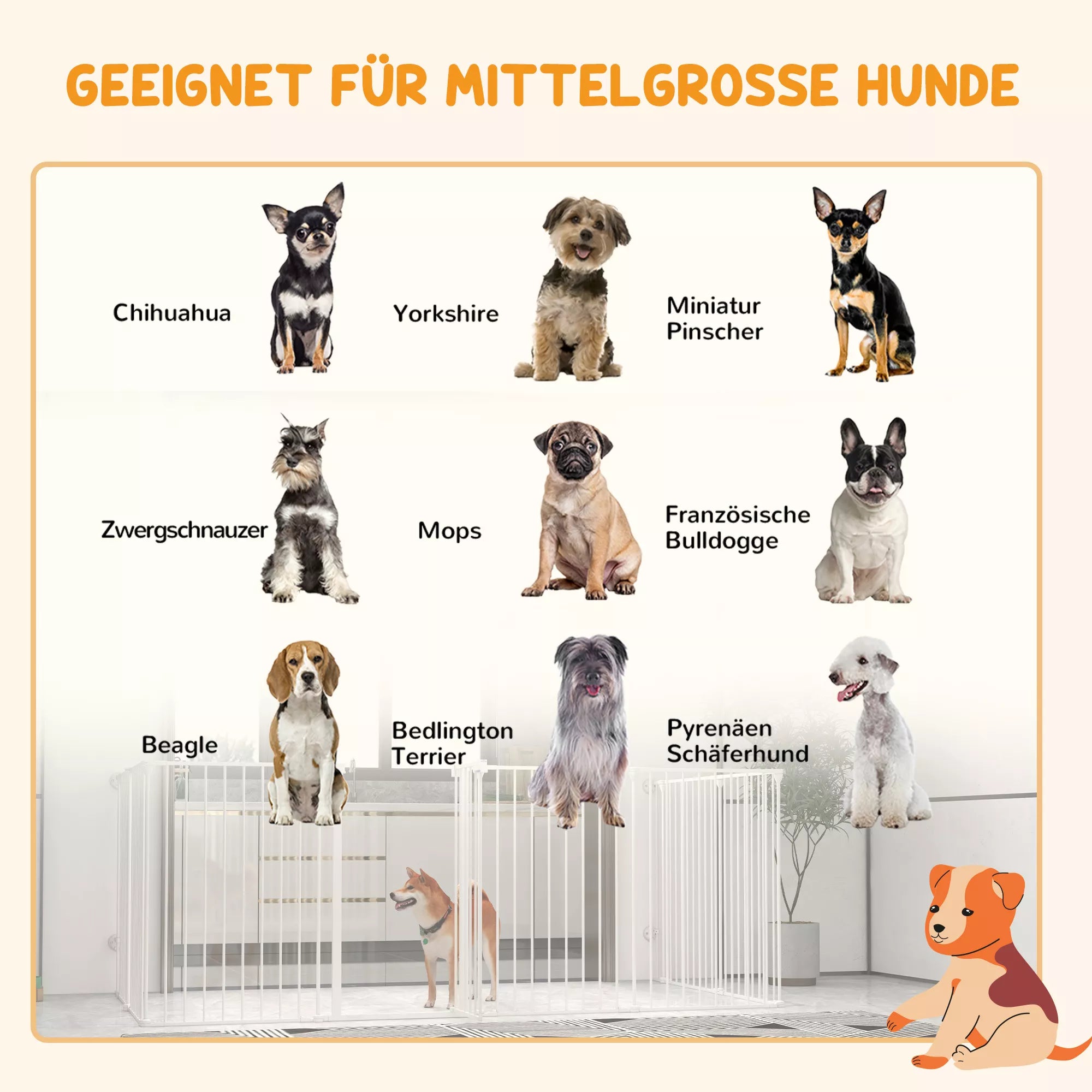 2-in-1 šuniukų aptvaras ir apsauginė tvorelė, 8 paneliai, užrakinamos durys, plienas, 90 cm aukštis, balta