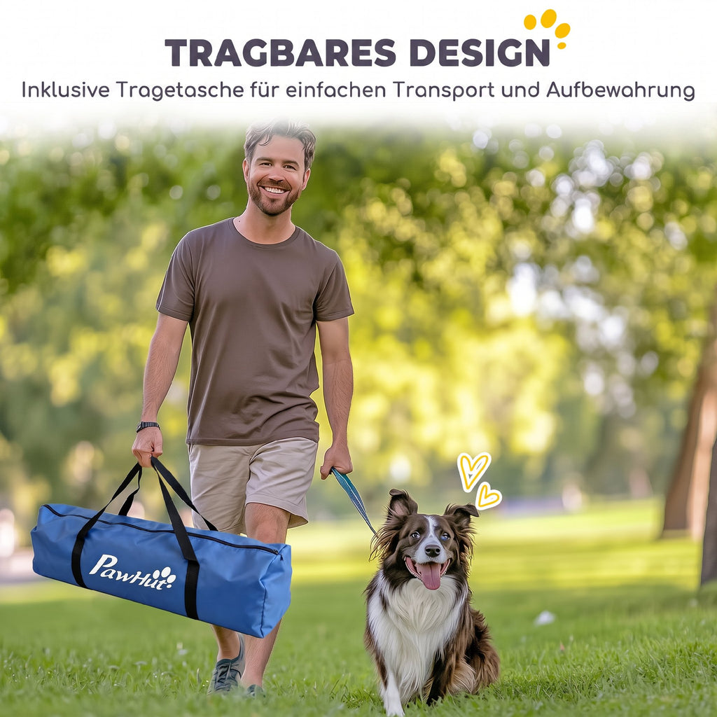 Agility rinkinys šunims, 8 dalių, su tuneliu, slalomo stulpais, reguliuojamais barjerais ir šuolių lanku, oranžinis