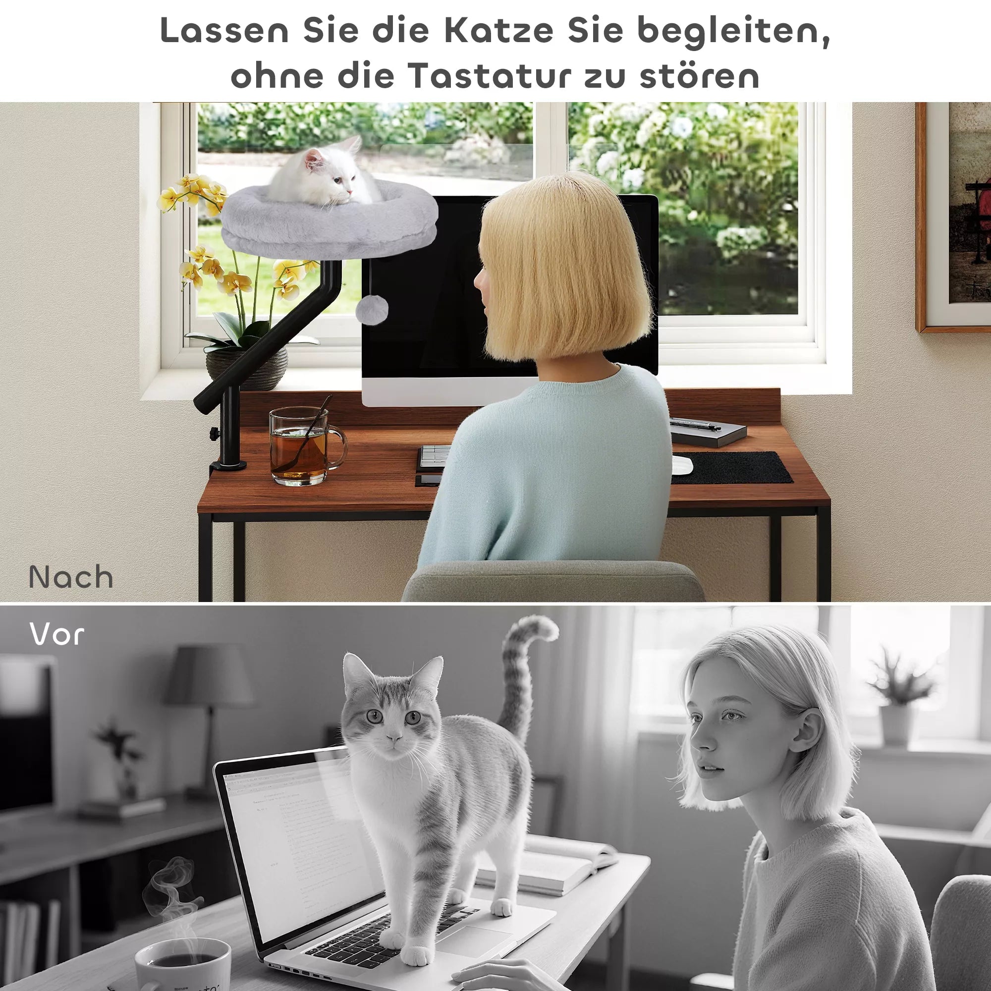 Kaķu rakstāmgalda gulta, kaķu gulta pie rakstāmgalda ar 360° rotāciju, regulējams augstums, kaķu gulta ar noņemamu, mašīnā mazgājamu spilvenu, kaķiem līdz 6 kg, mājas birojam, pelēka