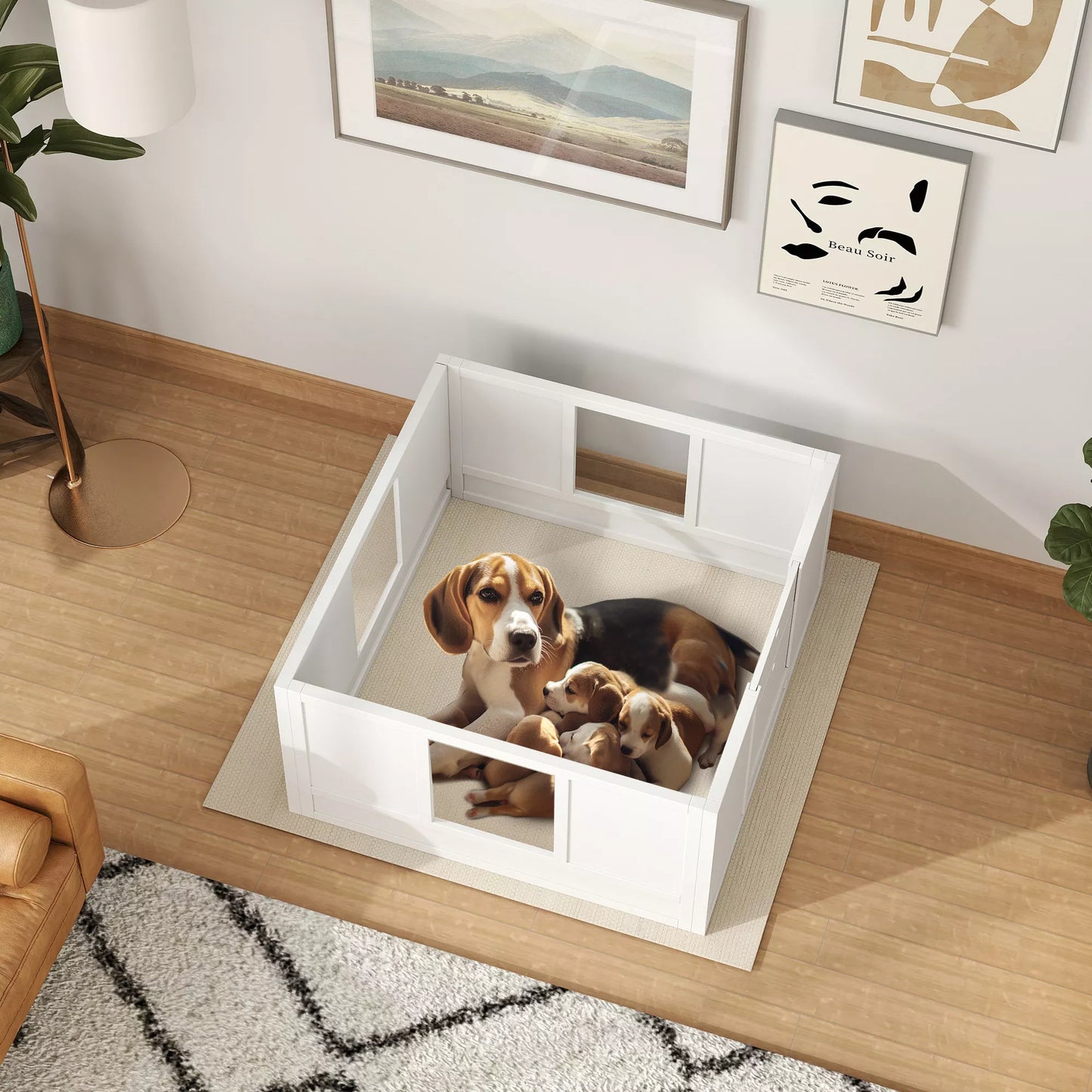 Kucēnu būris maziem un vidēja lieluma suņiem, kucēnu būris ar regulējamu ieeju, neslīdošiem kāju paliktņiem, balts