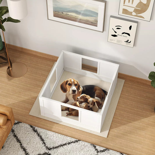 Kucēnu būris maziem un vidēja lieluma suņiem, kucēnu būris ar regulējamu ieeju, neslīdošiem kāju paliktņiem, balts