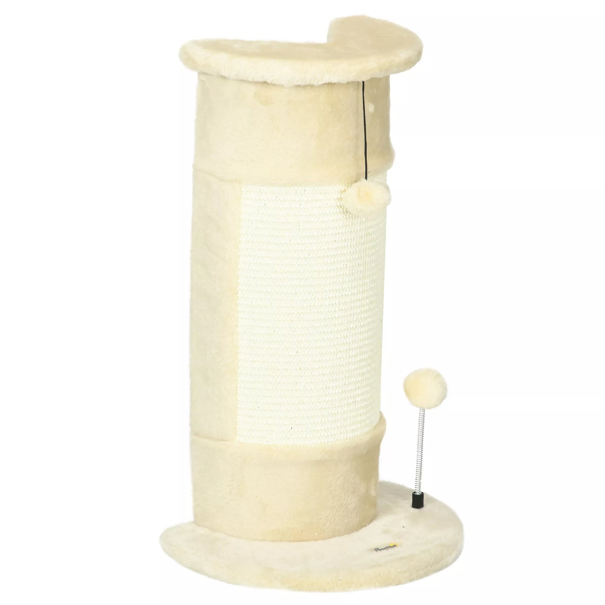 Katės draskyklė su žaislais, įsk. 2 kamuoliukus. Minkštas pliušas, 34 cm x 25,5 cm x 58 cm, kreminės baltos spalvos