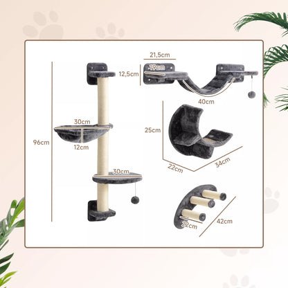 4 dalių katės laipiojimo sienelės komplektas su hamaku, katės tilteliu, iki 5 kg, tamsiai pilkas