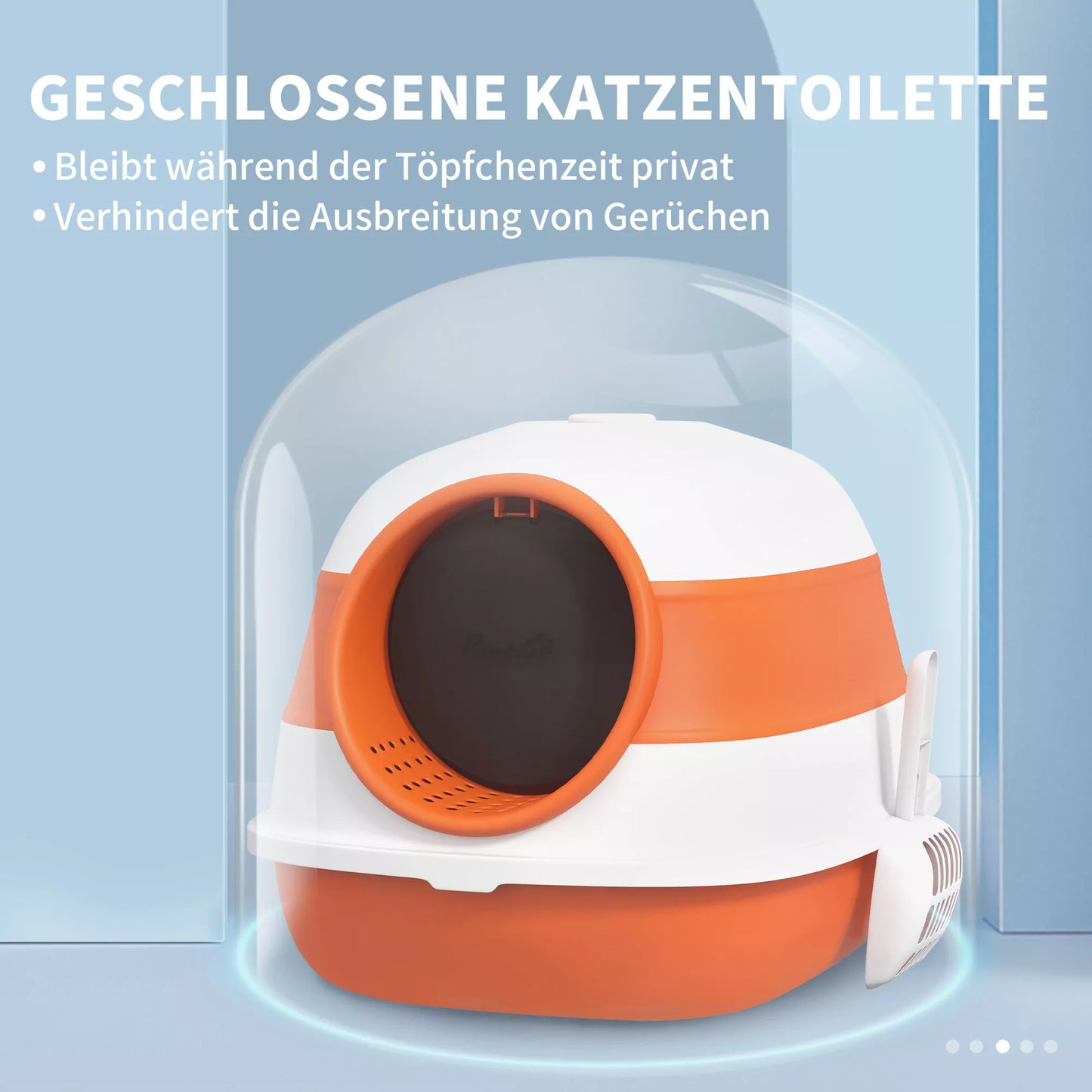 Katės tualetas su dangčiu ir kraiko samtelis, katėms iki 5 kg, 52x41x38 cm, Balta/Oranžinė