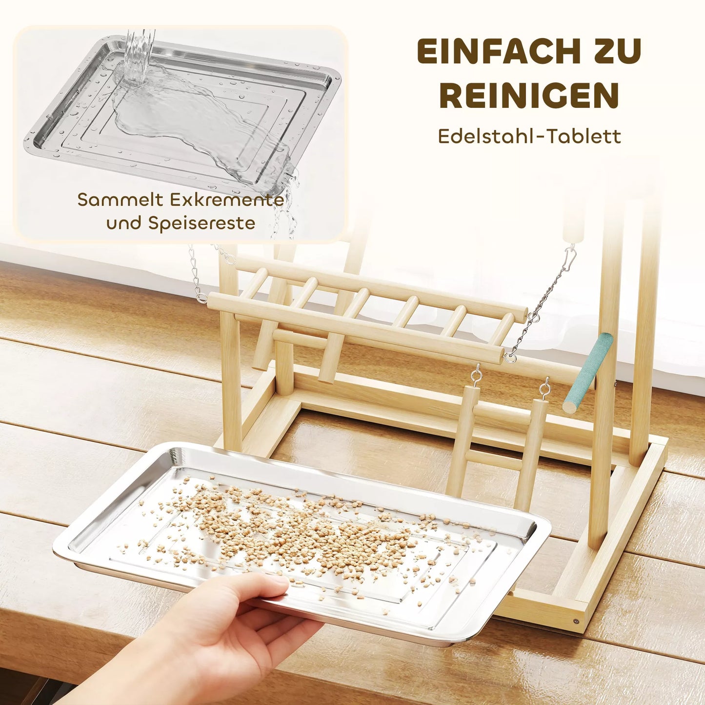 Putnu statīvs, putnu statīva komplekts, 4 līmeņi, nerūsējošā tērauda paplāte, rotaļlietas, dabīgs koks