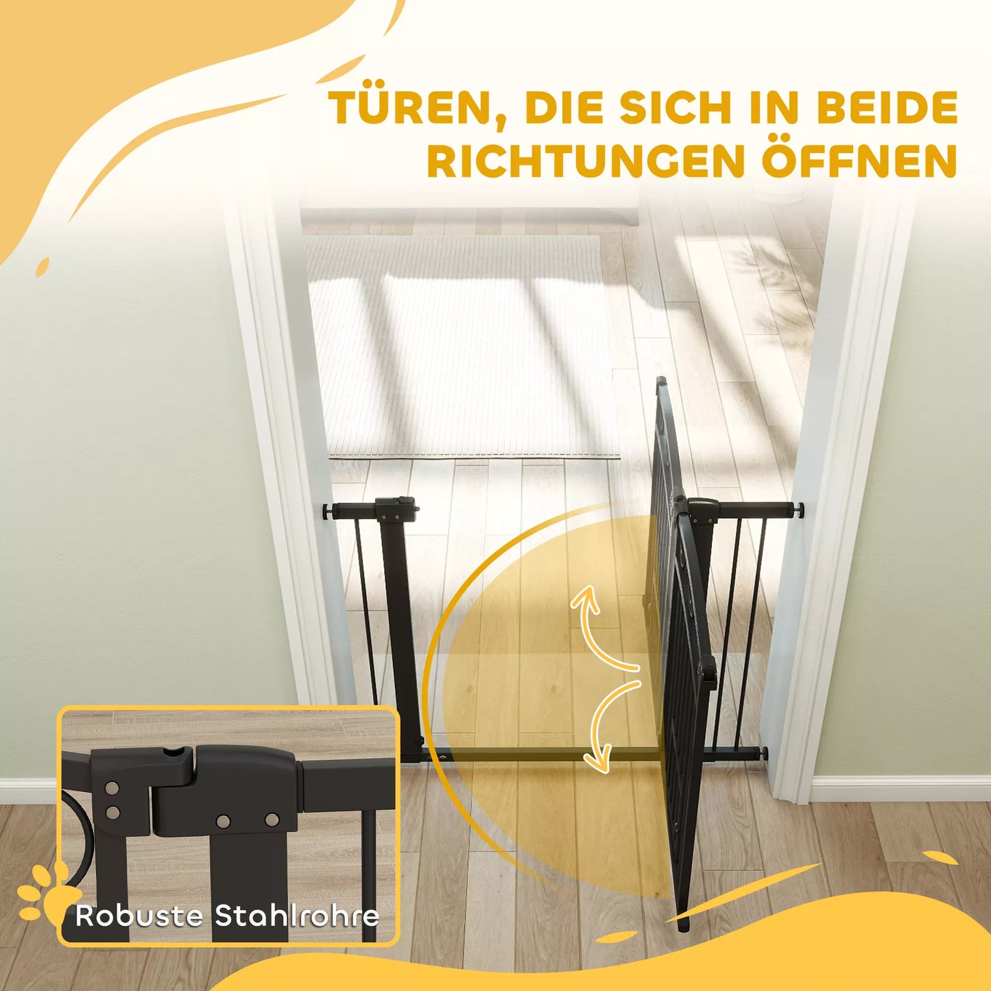 Mājdzīvnieku vārtiņi, 77 cm Kāpņu vārtiņi, regulējams platums 76-104 cm, ar kaķu durvīm, kāpnēm un durvju ailēm, melni