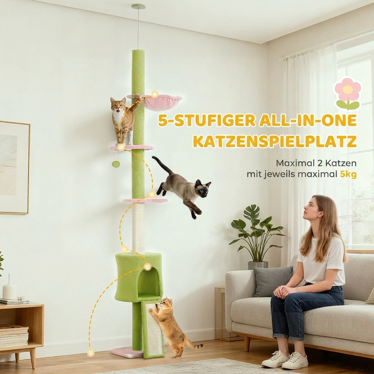 Draskyklė iki lubų 220–240 cm su nameliu, hamaku ir gėlių formos platformomis, 1–2 katėms iki 5 kg, žalia