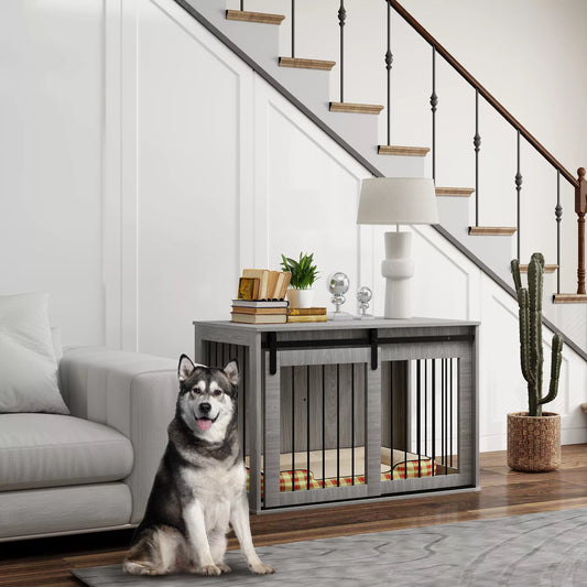 Šunų transportavimo dėžė su stumdomomis durimis, ventiliacija, iš medžio drožlių plokštės ir plieno, 98 x 58 x 61 cm, pilka