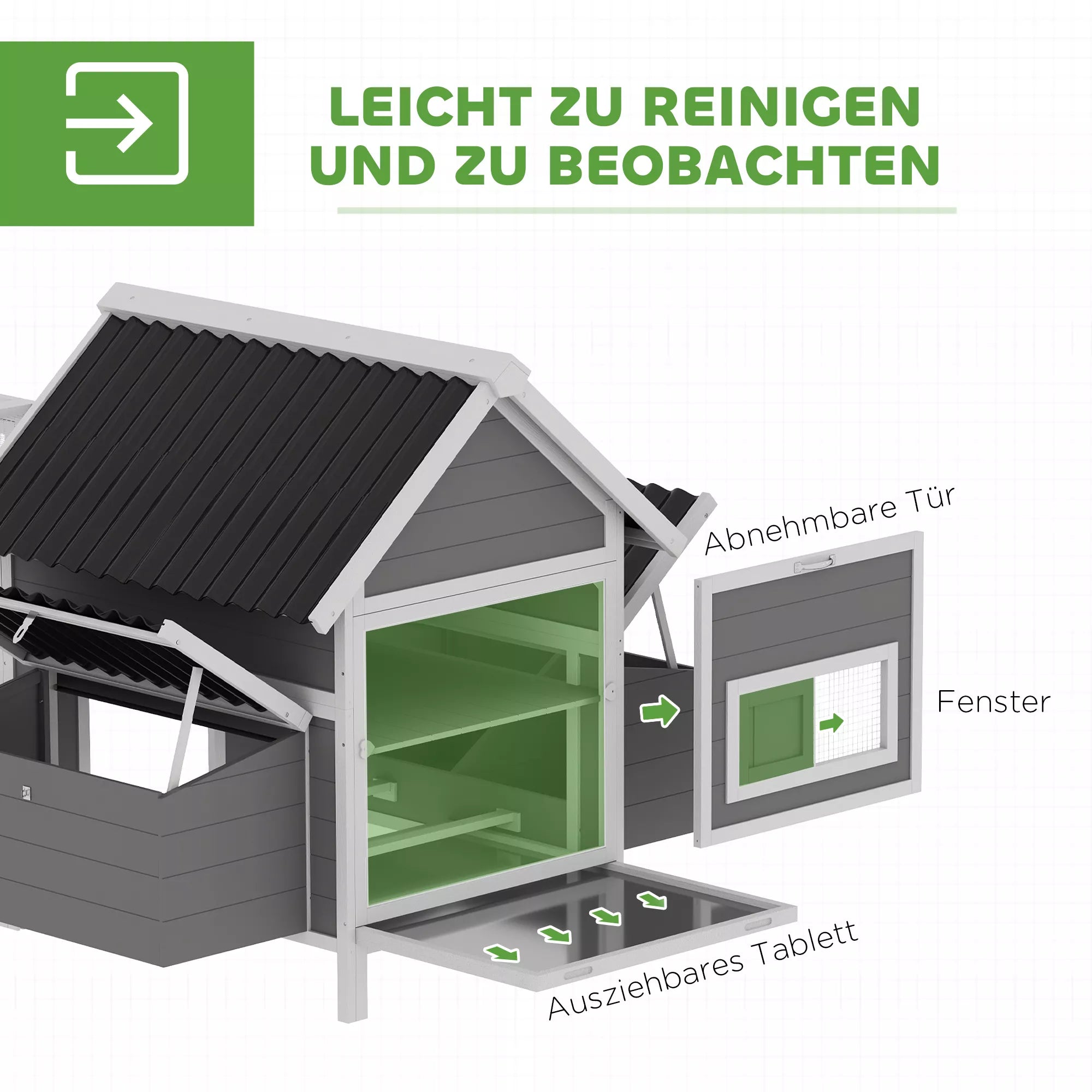 Didelis vištidė 7–10 vištoms, sėdynės, sūpynės, langai, lizdai, vielos tinklas, pilkos spalvos