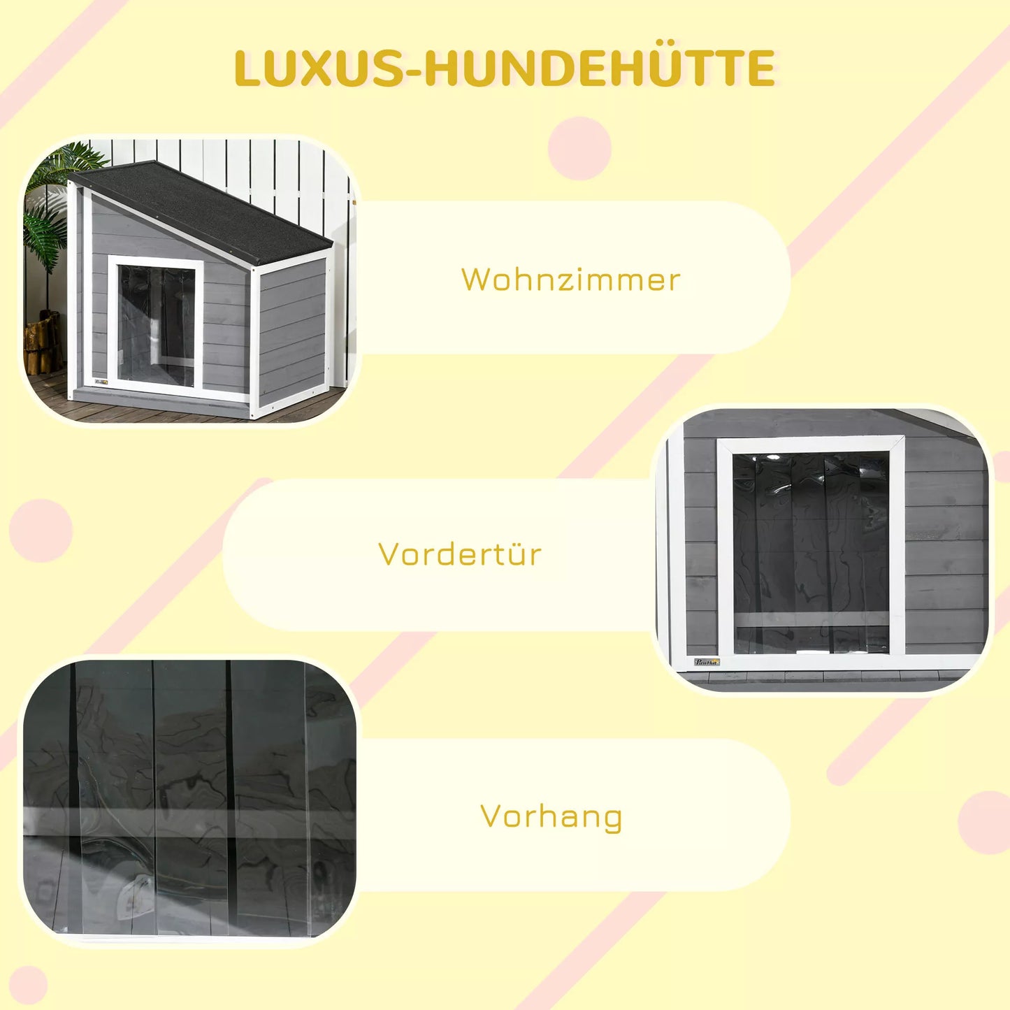 Šunų namelis iš masyvmedžio, atsparus oro sąlygoms, su asfaltiniu stogu, 71 cm x 58 cm x 77 cm, Pilka + Balta