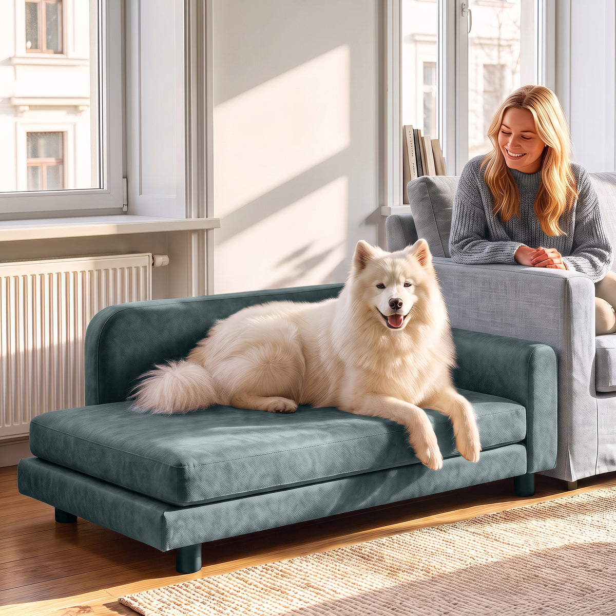 Sofa-guolis dideliems šunims su atlošu, 101x66x34,5 cm, išimama 6 cm pagalve, šunims iki 35 kg, pilka