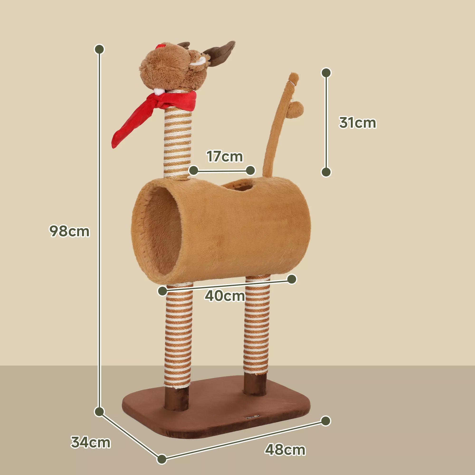 Kaķu māja 98 cm, kaķu tornis briežu dizainā, ar gultu, rotaļu bumbu, džutas mietiņiem, brūna