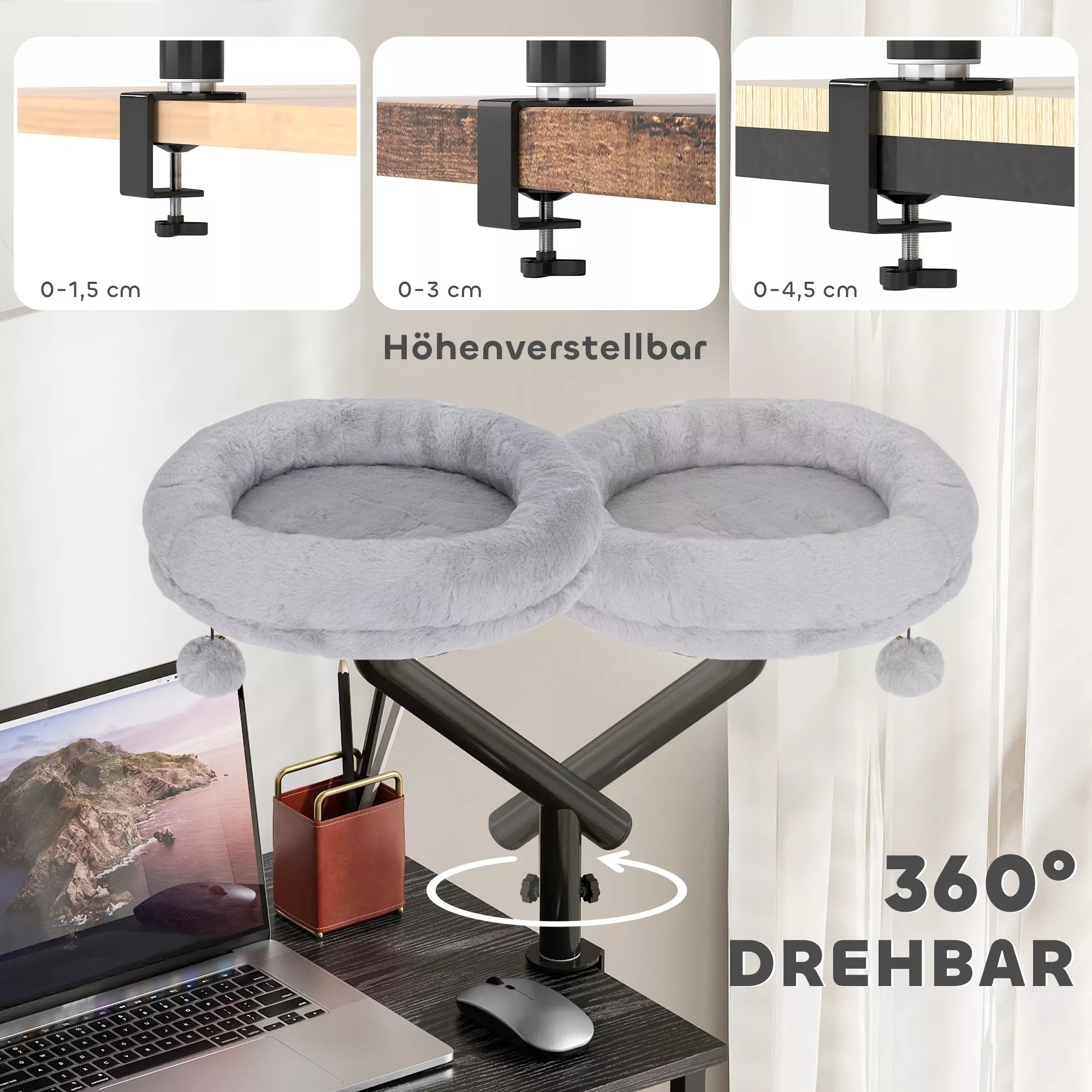 Kaķu rakstāmgalda gulta, kaķu gulta pie rakstāmgalda ar 360° rotāciju, regulējams augstums, kaķu gulta ar noņemamu, mašīnā mazgājamu spilvenu, kaķiem līdz 6 kg, mājas birojam, pelēka