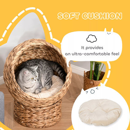 Rotango katės krepšys, ola, namelis, lova su pagalvėle, naminių gyvūnėlių lova, vandens hiacintas, ruda, 50 x 42 x 60 cm