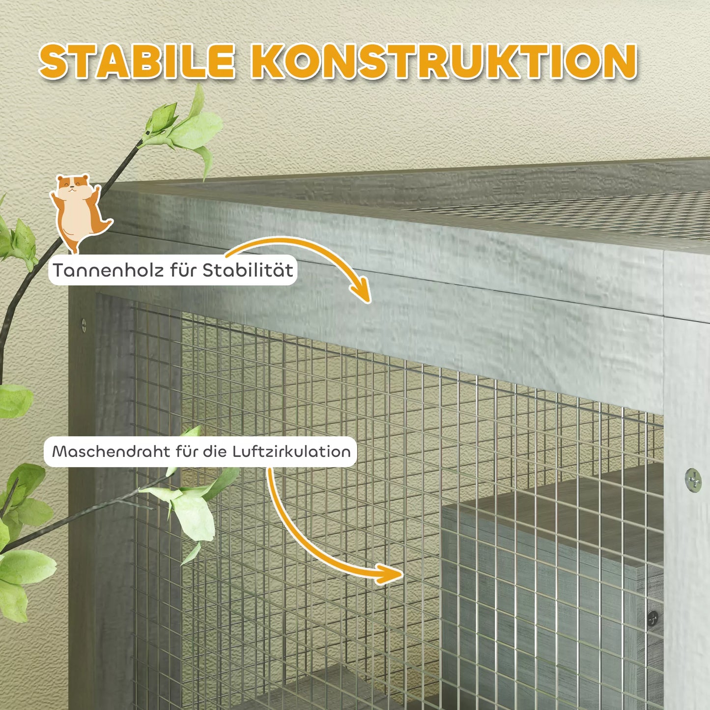 4 pakopų medinis žiurkėno narvas, su nameliais, supynėmis, maisto dubenėliais, rampomis, ratukais, 65 x 45 x 109 cm, pilkos spalvos