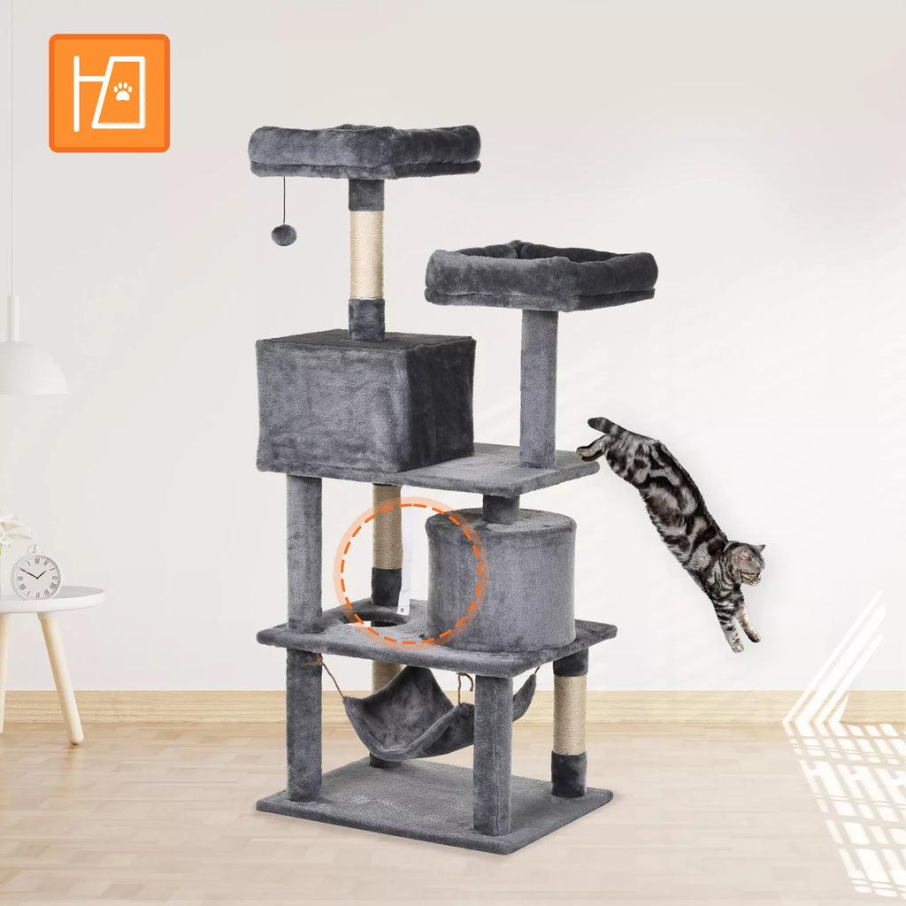 Katės nagų galandimo medis, didelis, 145 cm, katės medis su hamaku, laipiojimo medis katėms, katės nagų galandimo medis su urvu, katės baldai su sizalio kamienais, šviesiai pilkos spalvos