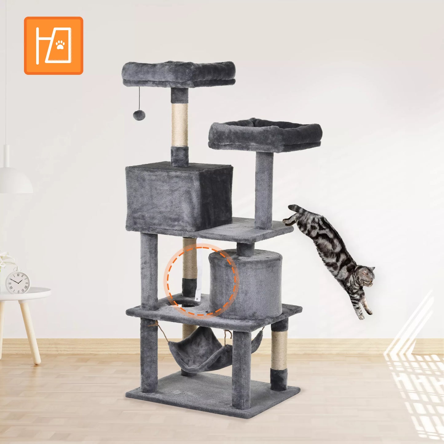 Katės nagų galandimo medis, didelis, 145 cm, katės medis su hamaku, laipiojimo medis katėms, katės nagų galandimo medis su urvu, katės baldai su sizalio kamienais, šviesiai pilkos spalvos
