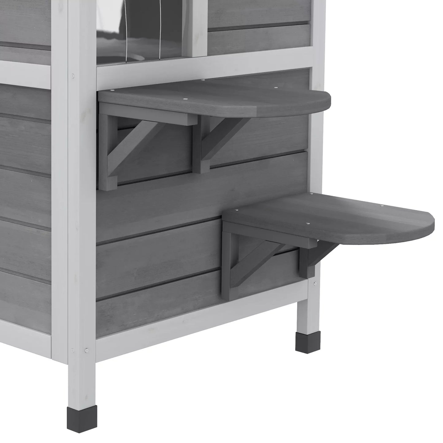 Medinis 2 aukštų katės namelis, atsparus žiemos sąlygoms, nepraleidžiantis vandens, su asfalto stogu, atverčiamu dangčiu, laipteliais, katės urvelis, lauko apsauginė būdelė sodui, balkonui, 78 x 55,5 x 91 cm, pilkas