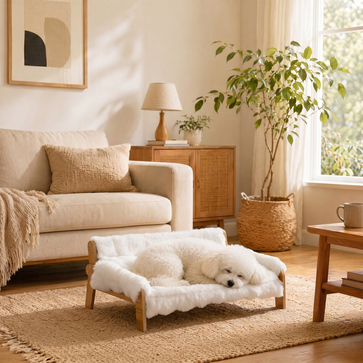Paaukštinta sofa-guolis katėms ir mažiems šunims, 70x47x30 cm, su nuimamu užvalkalu, katėms iki 8 kg, balta