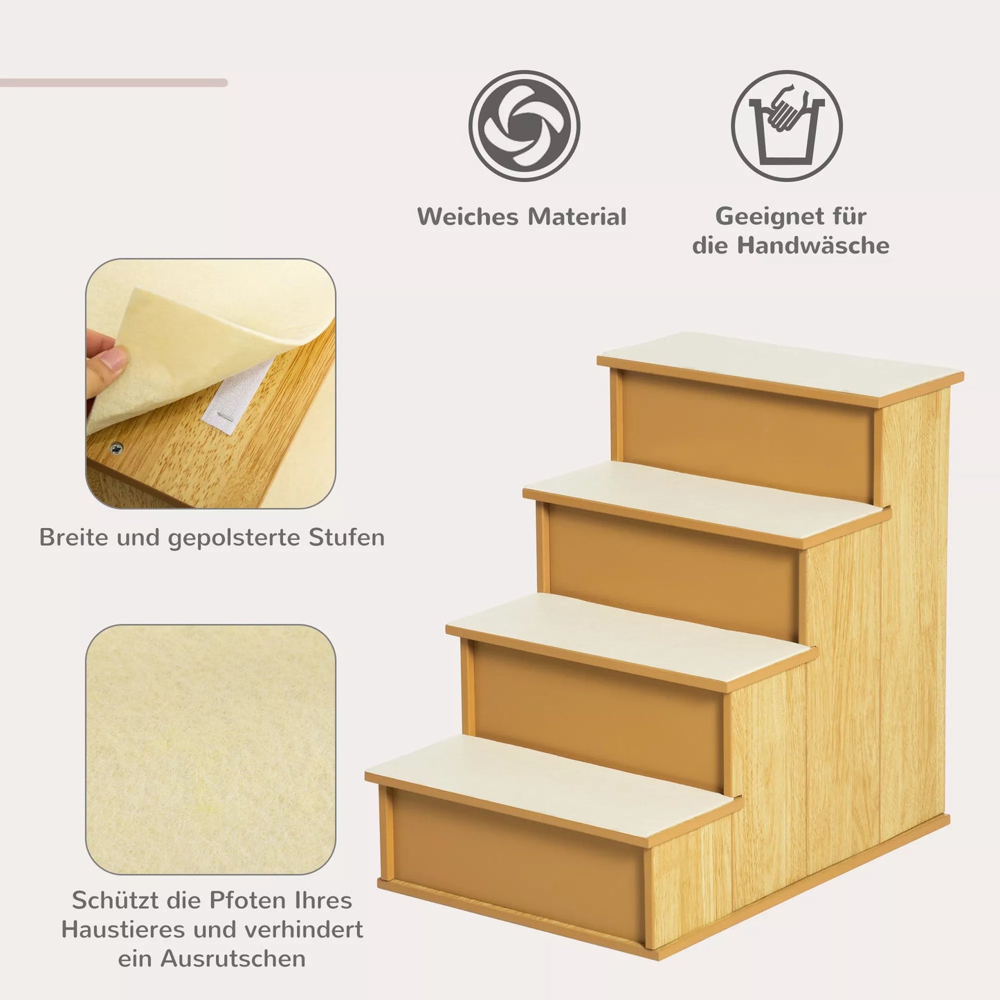 Laipteliai augintiniams, šunims ir katėms, 4 pakopų, trumpo pliušo, iki 30 kg, 40 x 59 x 54,2 cm, natūralios spalvos.