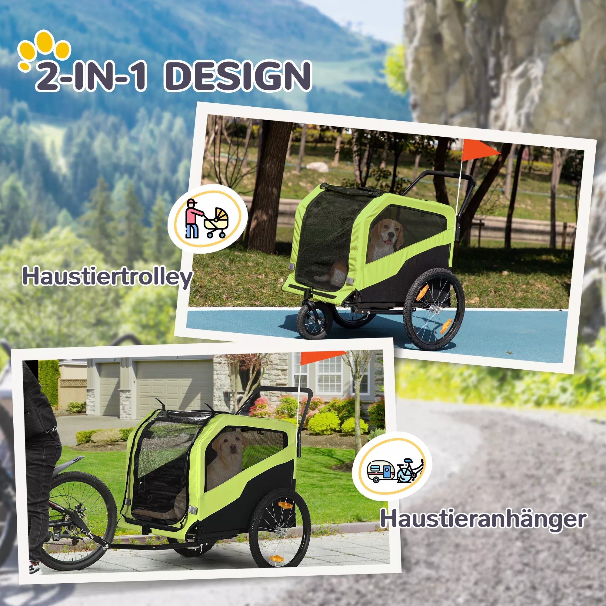 2in1 šunų priekaba, stumiamoji funkcija, 2 įėjimai, tinklinis langas, apsauga nuo saulės, plieninis rėmas, žalia, 170 x 77 x 90 cm