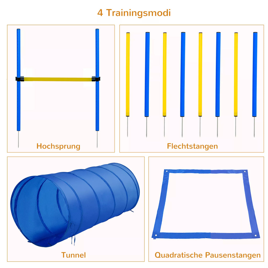 Agility treniruočių rinkinys: Slalomas, kliūtys, tunelis, šunų sportas, treniruočių aikštelė. PE+Poliesteris. Mėlyna+Geltona.