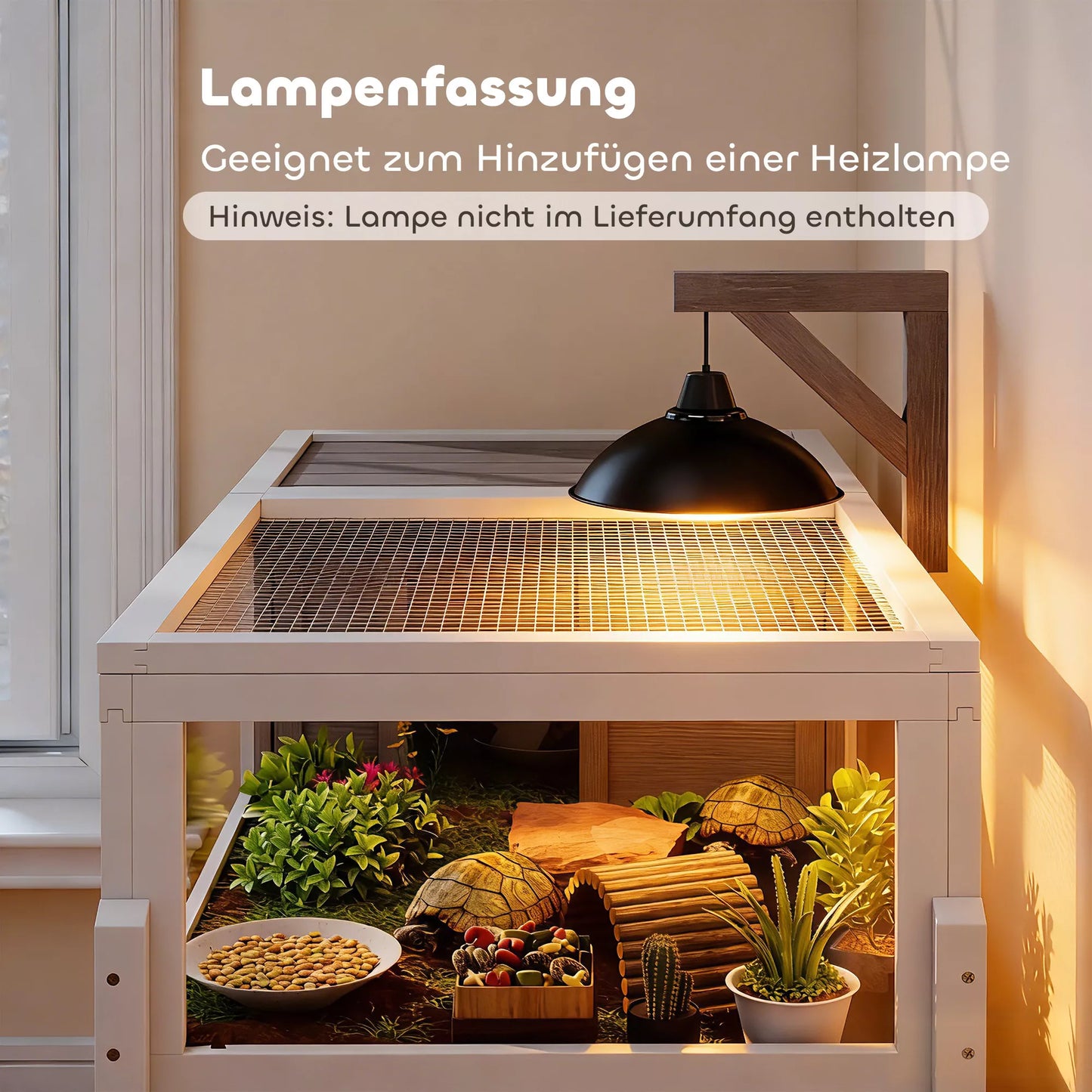 Medinis vėžlių namelis su apžvalgos langeliu, vėžlių aptvaras, medis ir organinis stiklas, 104 x 53 x 82 cm, balta ir pilka