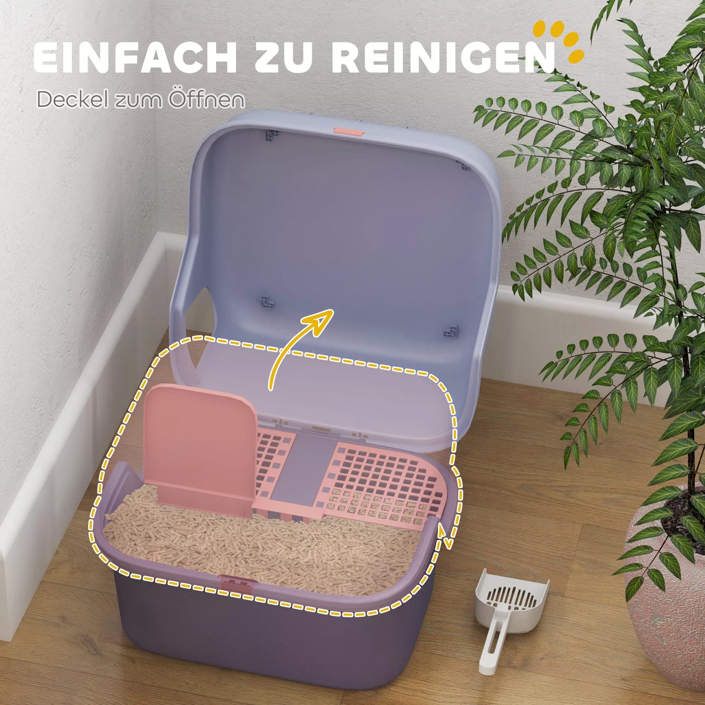 Katės tualetas su dangčiu ir kastuvėliu, lengva valyti, uždaromas, violetinės spalvos