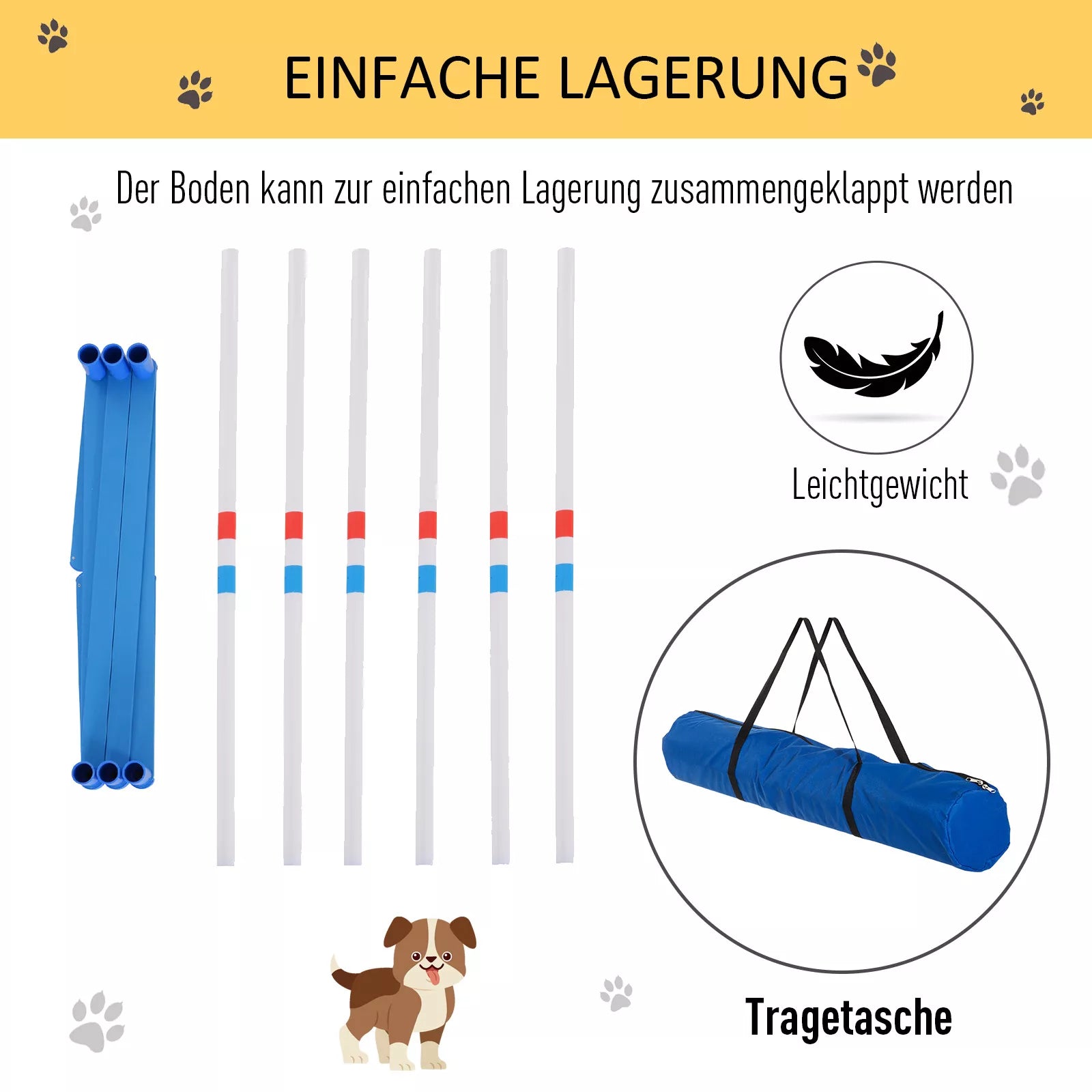 Agility rinkinys šunims, 6 dalių agiliti įranga šunų dresūrai, sulankstomas, su šuolių kartuvėmis ir 6 slalomų kartuvėmis, nešiojimo krepšys, treniruočių priedas, koordinacijos treniruotės, agiliti rinkinys žaidimams ir treniruotėms