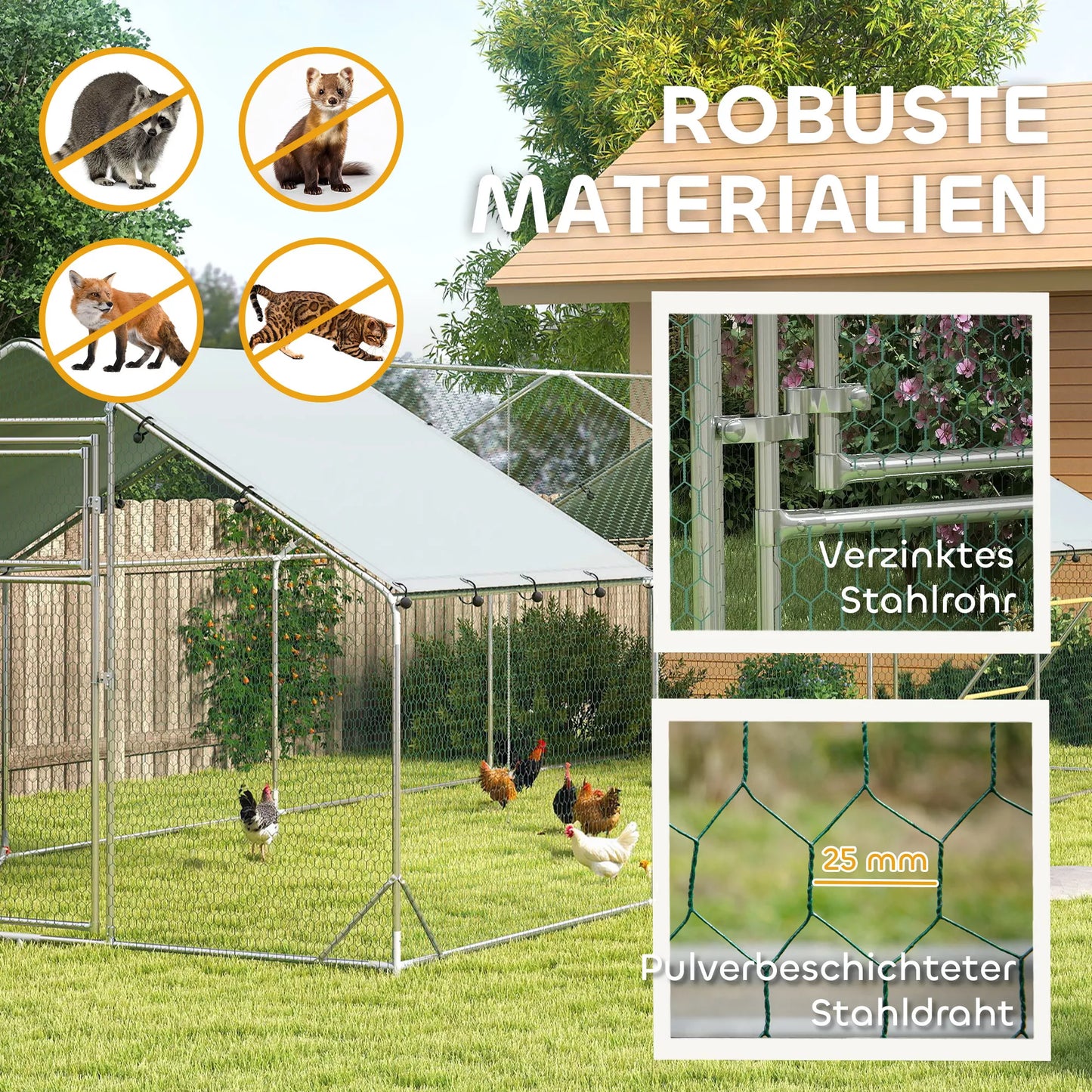 Vištidė, vištų aptvaras, su UV spinduliams atspariu tentu, plieniniu tinklu, pašarų automatiniu dozatoriumi, skirtas 24–30 vištoms.