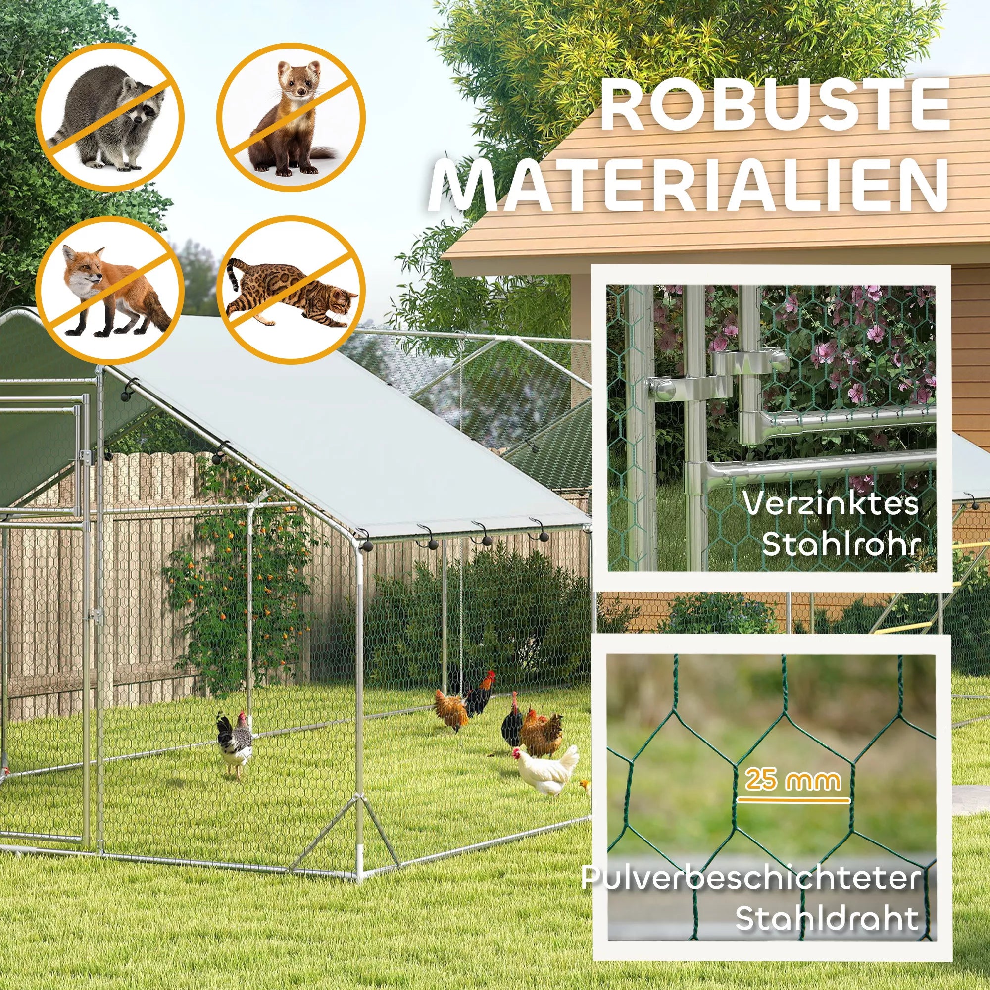 Vištidė, vištų aptvaras, su UV spinduliams atspariu tentu, plieniniu tinklu, pašarų automatiniu dozatoriumi, skirtas 24–30 vištoms.