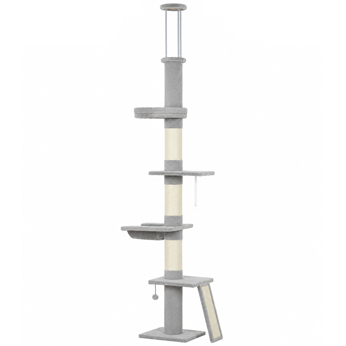 Draskyklė iki lubų 230–260 cm, 5 lygių, su 3 storais sizalio stulpais ir hamaku, katei iki 5 kg, šviesiai pilka