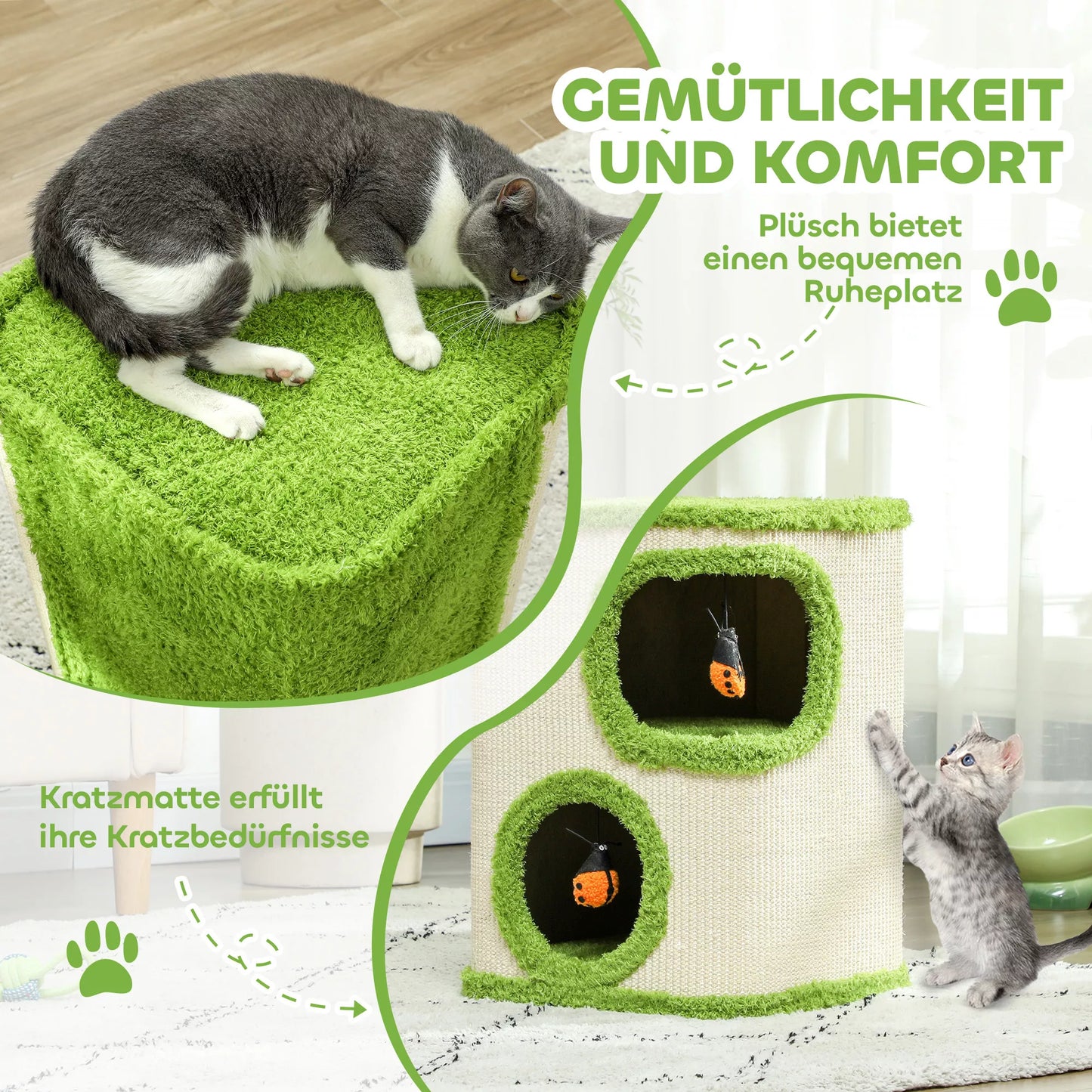 Katino draskomoji stotelė, 52 cm, su pliušiniu guoliu, draskomasis paviršius, žaislas, žalia/kremas-balta